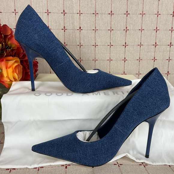GOOD AMERICAN “Emma” Denim Heel Ultra High Blue Denim Stilettos Sz 9.5 New - Picture 6 of 7
